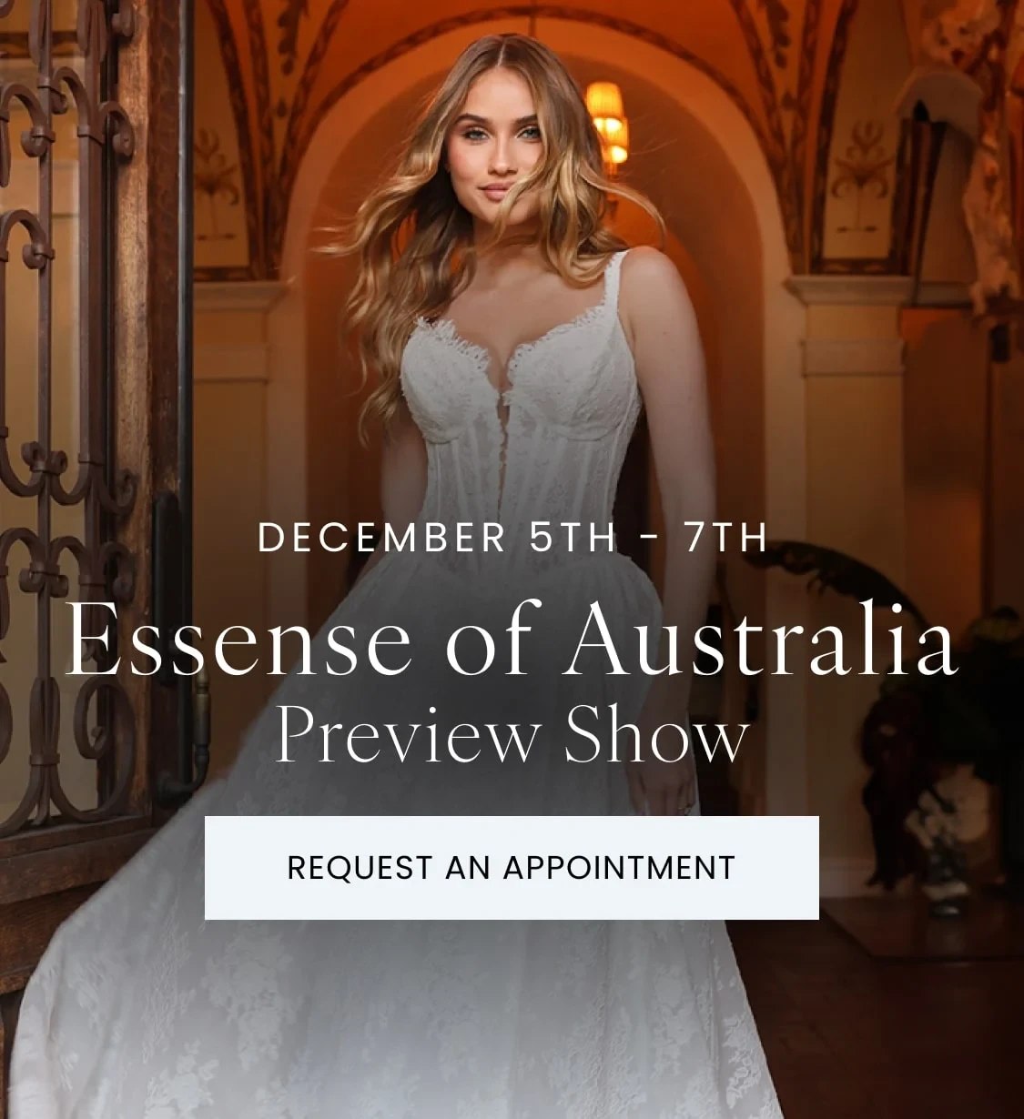 Model wearing Essense of Australia bridal gown, mobile banner